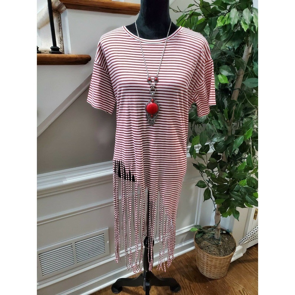 Zara Women's White & Red Striped Cotton Round Neck Short Sleeve Blouse Size L